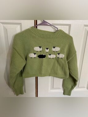 Cider Sheep Graphic Cropped Sweater Green Cottagecore Knit Size M